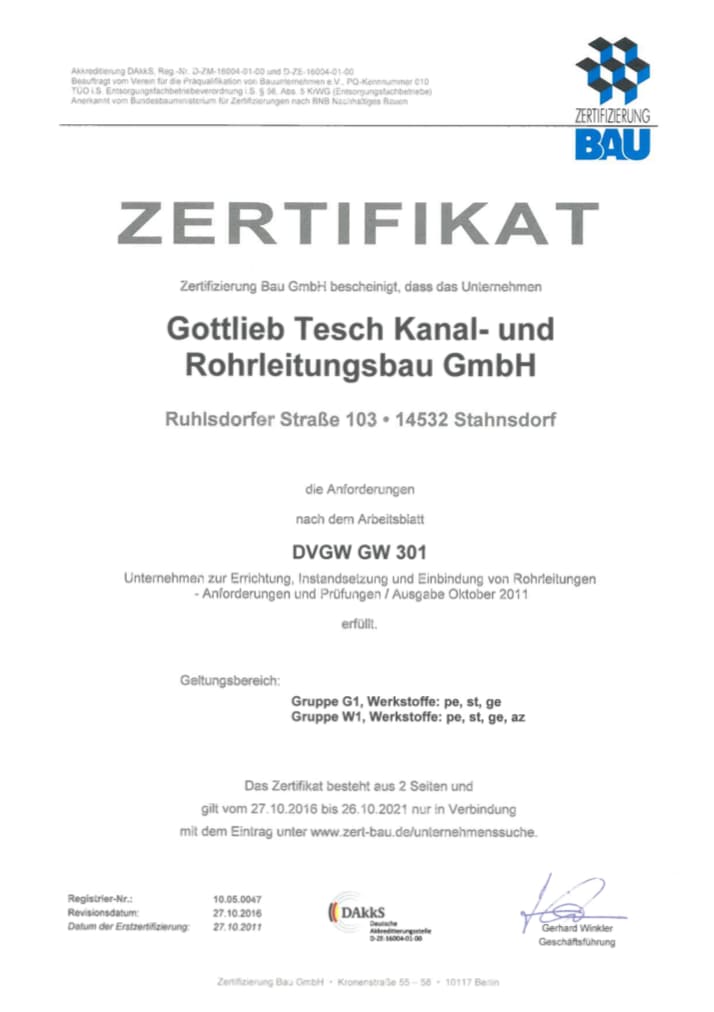 Zertifikat GW 301 1. Seite – Gottlieb Tesch
