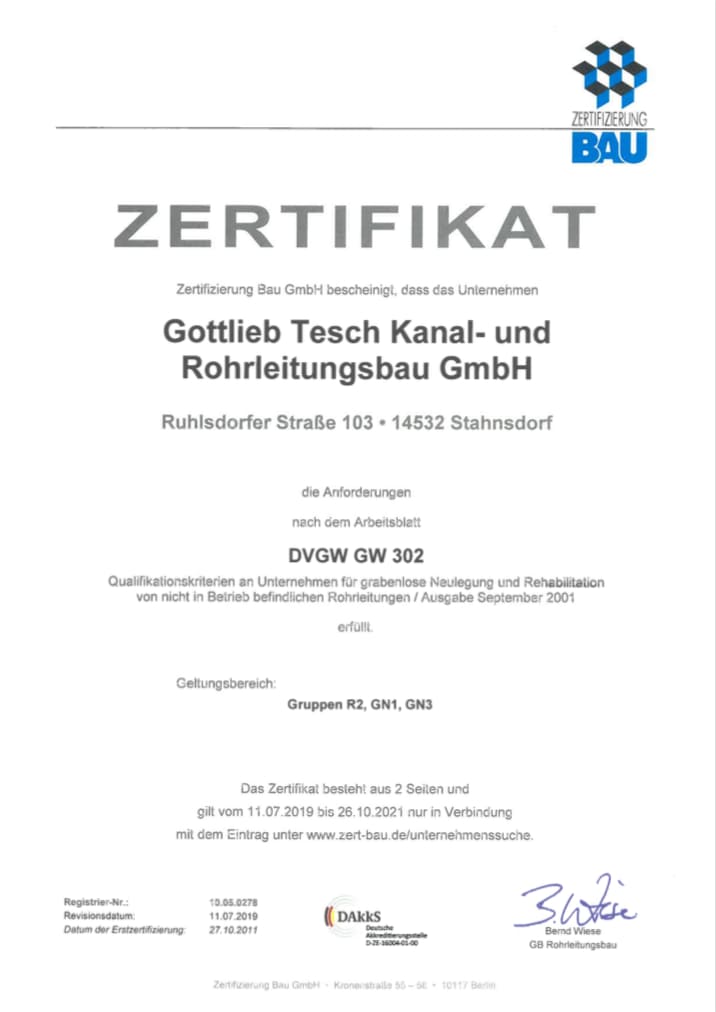 Zertifikat GW 302 1. Seite – Gottlieb Tesch