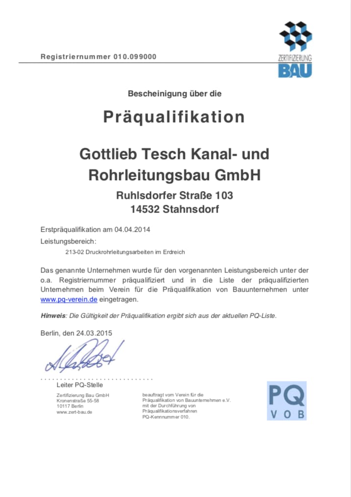 Zertifikat PQ vom 24.03.2015 – Gottlieb Tesch